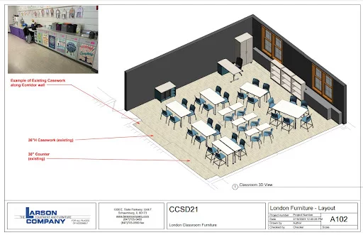 A proposed layout of the middle school language arts classrooms with updated furniture
