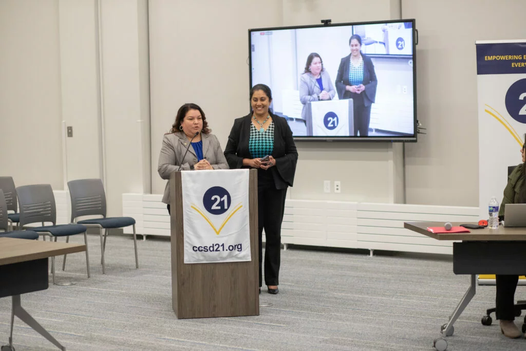 Dr. Beatrice Childress, assistant superintendent for equity and learning, introduces Dr. Astrid Rodrigues as the new director of teaching and learning for science and social studies