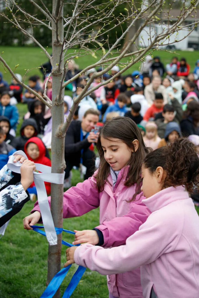 Students at Field help accessorize the new tree with ribbons