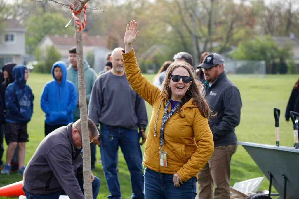 Tracy Crowley, core teacher at London Middle School, begins the school's celebration of Arbor Day