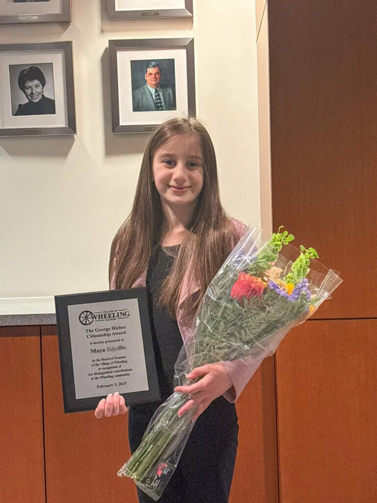 Maya S., a fifth grader at Tarkington Elementary School, was named the 2025 Citizen of the Year by the Village of Wheeling on Feb. 3. She becomes the youngest recipient of the George Hieber Citizenship Award.