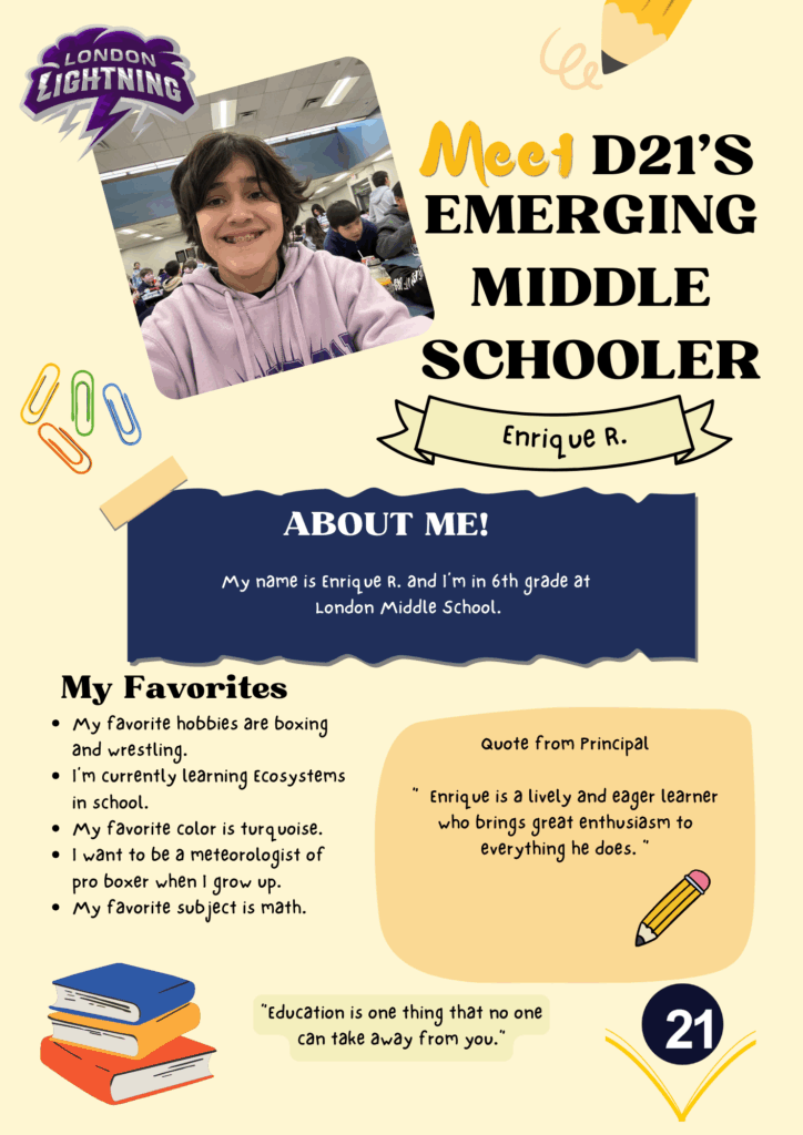 Graphic with fun facts about middle school student Enrique R.