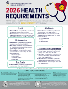 Community Consolidated School District 21's 2026 health requirements flyer. Details pre-K, Kindergarten, 2nd and 6th grade, and transfer student health exams and immunizations. Keywords: health, exams, immunizations. Features a stethoscope and heart graphic.
