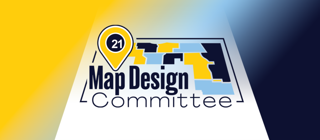 Yellow and blue stylized map with a location pin marked "21." The bold text reads "Map Design Committee." Bright and modern design.