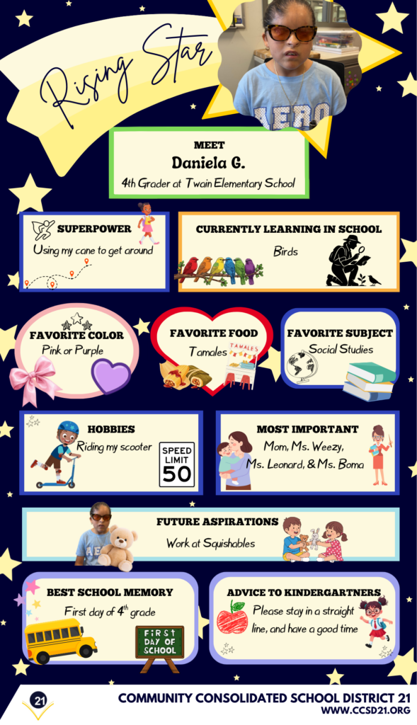 A "Rising Star" poster for Daniela G., a 4th grader at Twain Elementary. It highlights her superpower, interests, favorite food, and future aspirations. Designed with stars and illustrations, it conveys a cheerful and celebratory tone.