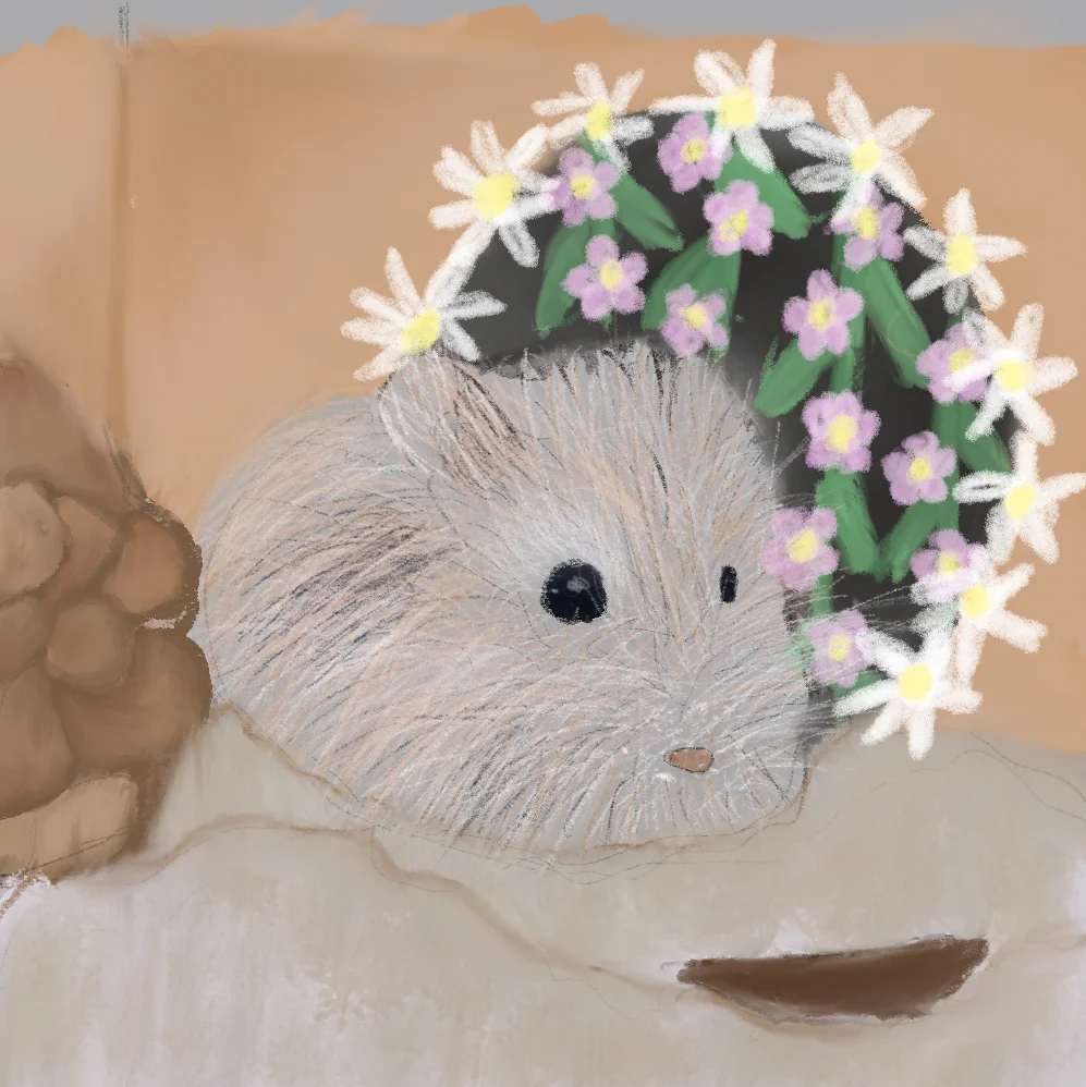Twain fourth grader Kristal R.'s drawing of a fluffy hamster nestled in a decorative floral wreath with daisies and purple flowers.