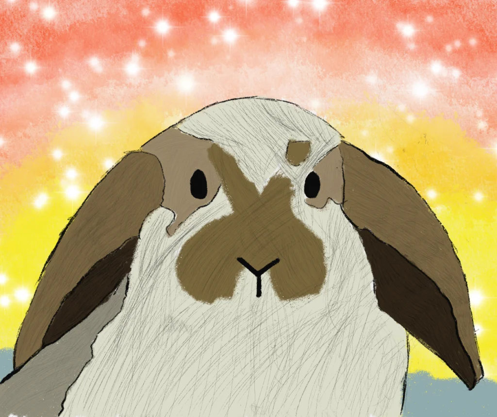 Twain fifth grader Mia R.'s drawing of an illustrated bunny with brown and white fur against a vibrant sunset