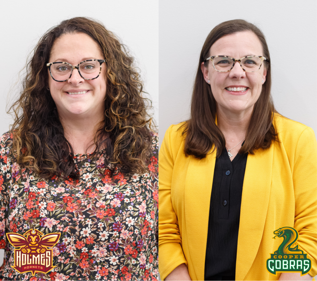 Two women are pictured side by side, both smiling. The woman on the left has curly hair and wears a floral top; the one on the right has straight hair and wears a yellow blazer. Logos of "Holmes Hornets" and "Cooper Cobras" are at the bottom corners.