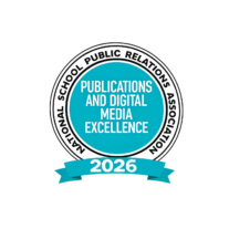Seal with blue center reads “Publications and Digital Media Excellence.” Outer ring says “National School Public Relations Association.” Banner below shows “2026.”