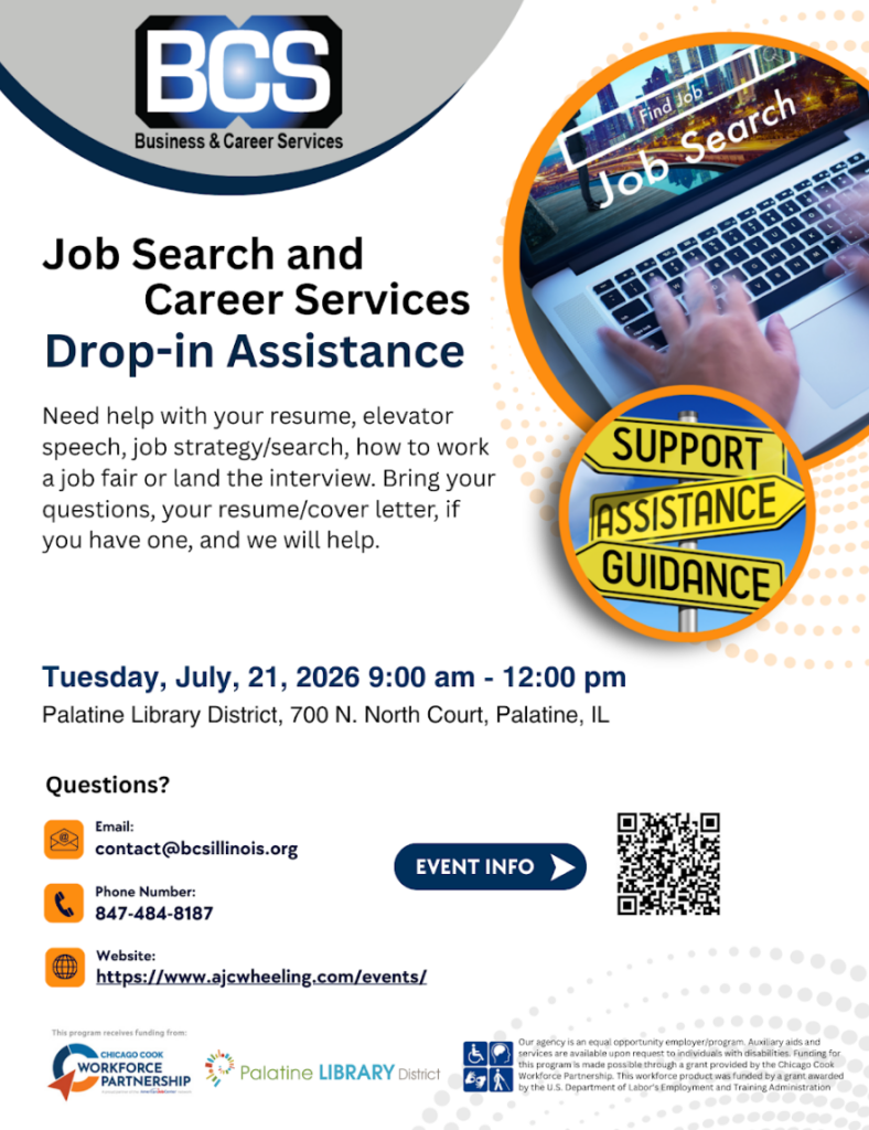 Job search and career services drop in assistance flyer.