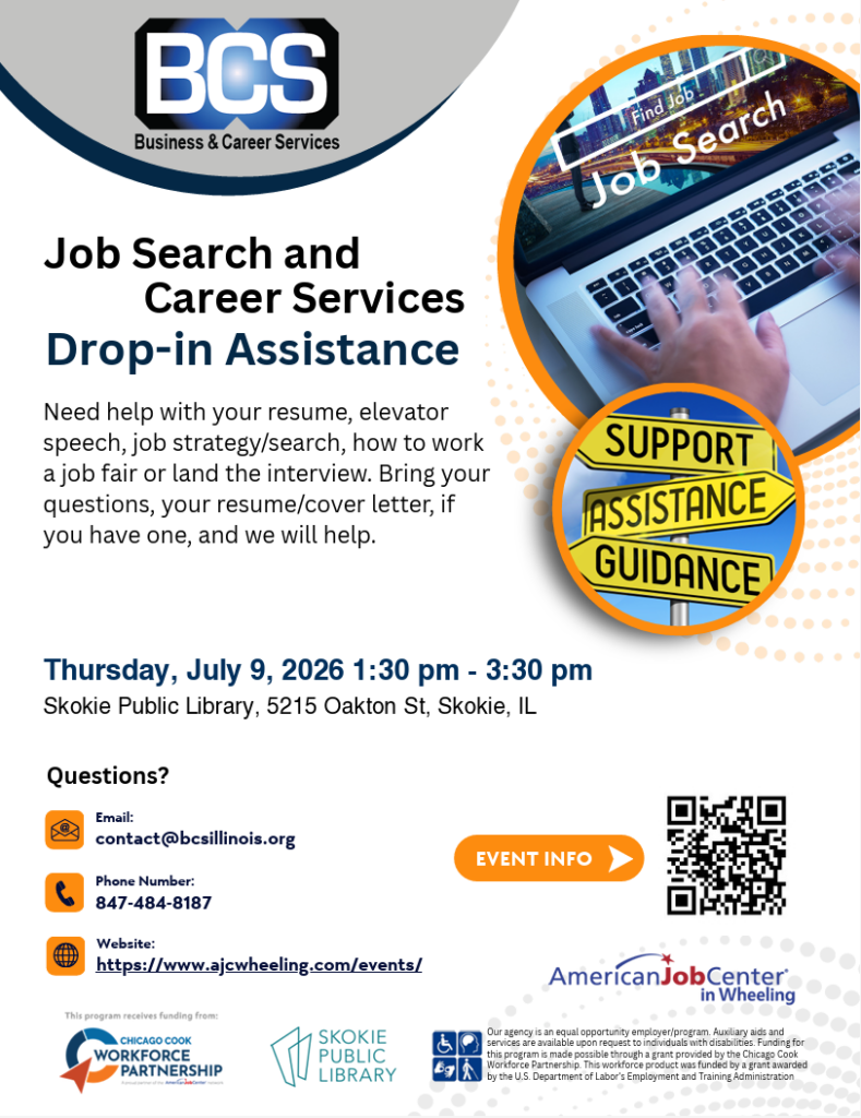 Job search and career services drop in assistance flyer.