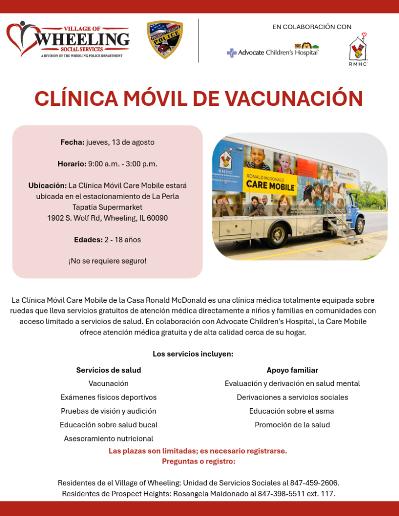 Flyer with information for the mobile vaccine clinic in spanish